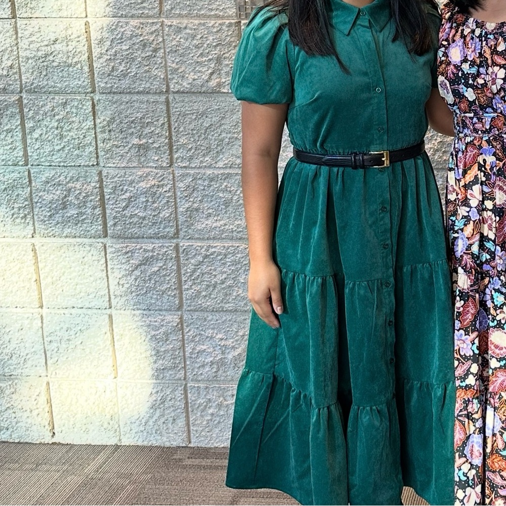 Crown & Ivy Green Corduroy Collared Puff Sleeve Midi Dress